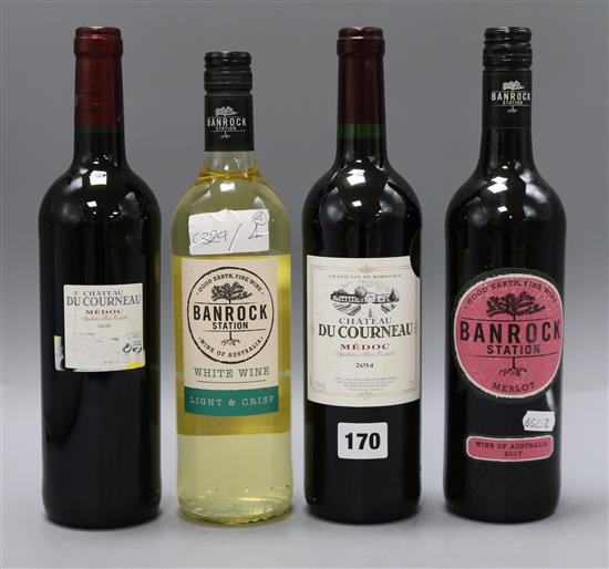 Four bottles of mixed wine, two Medoc 2015, one Chateau du Courneaux, 2014 gold medal and one Chateau du Courneaux, 2015